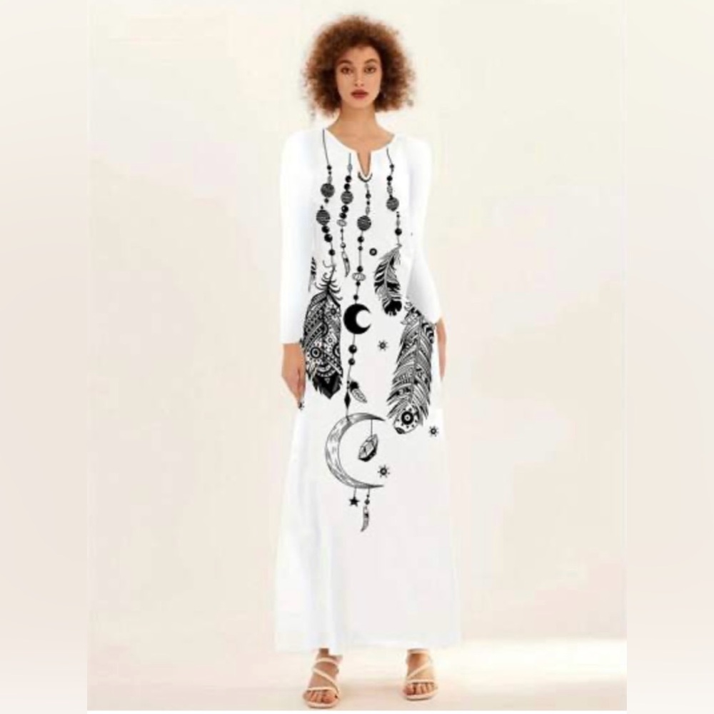Elegant White and Black Feather Print Dress